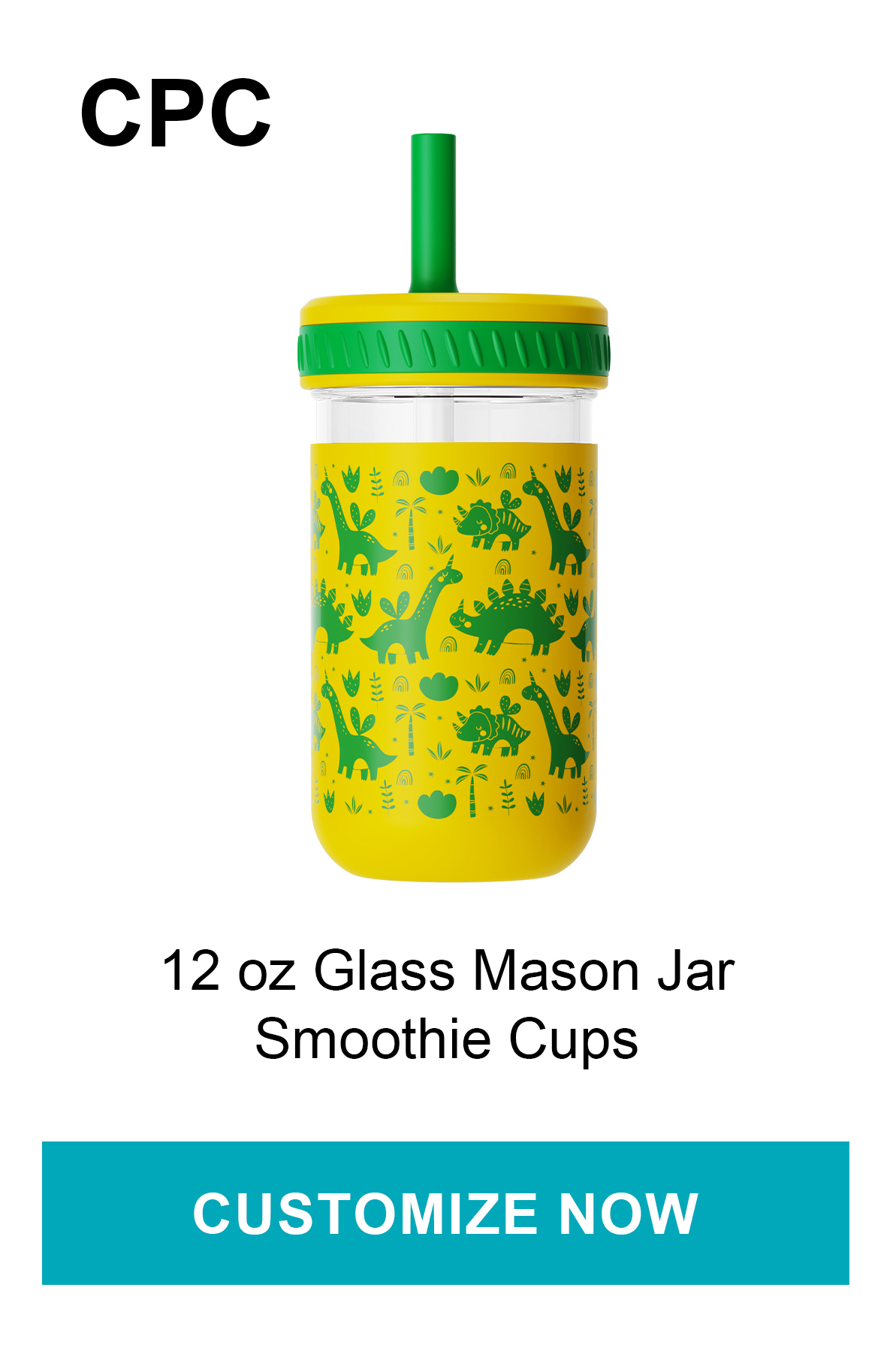 12 oz kids personalized glass smoothie cup with dinosaur pattern and straw lid